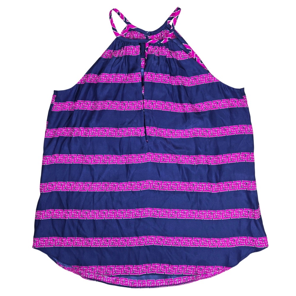 Alice & Trixie Navy Blue Fuchsia Pink Greek Key 100% Silk Halter Top Small S